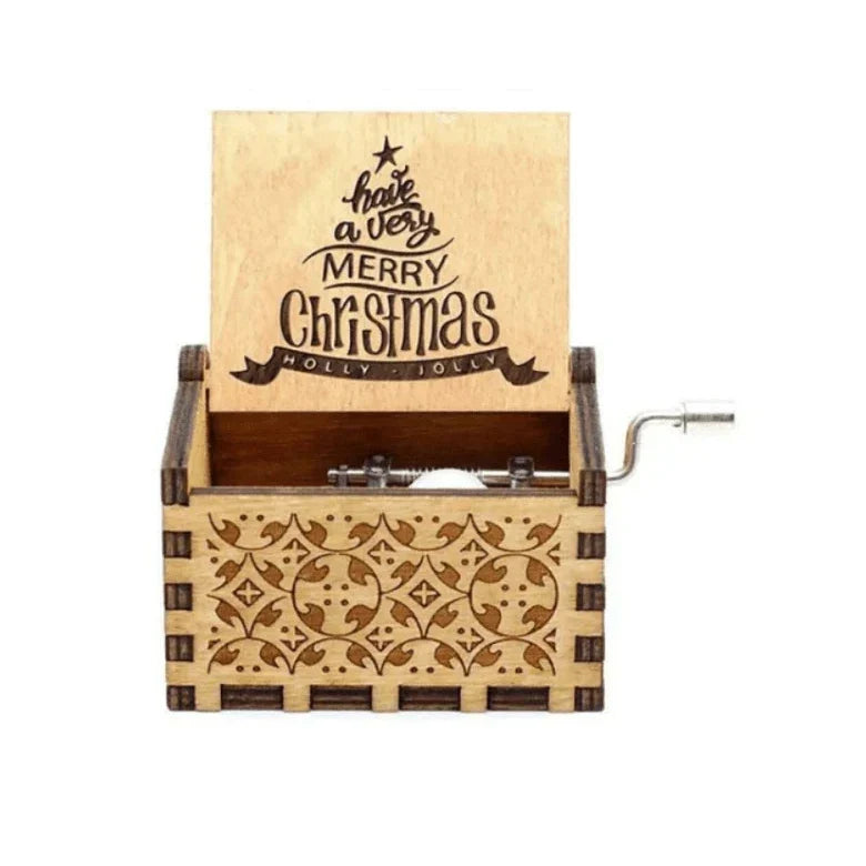 Wooden hand-crank Christmas music box