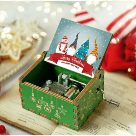Wooden hand-crank Christmas music box